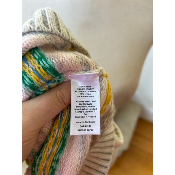 Talbots White & Green Fair Isle Striped Crewneck Sweater - Picture 5 of 6